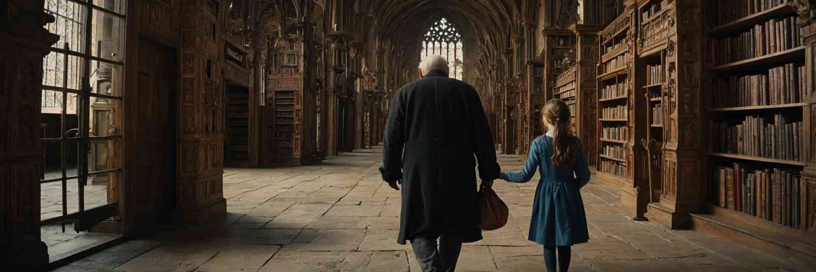 Avô conduzindo a neta pela mão para a biblioteca.