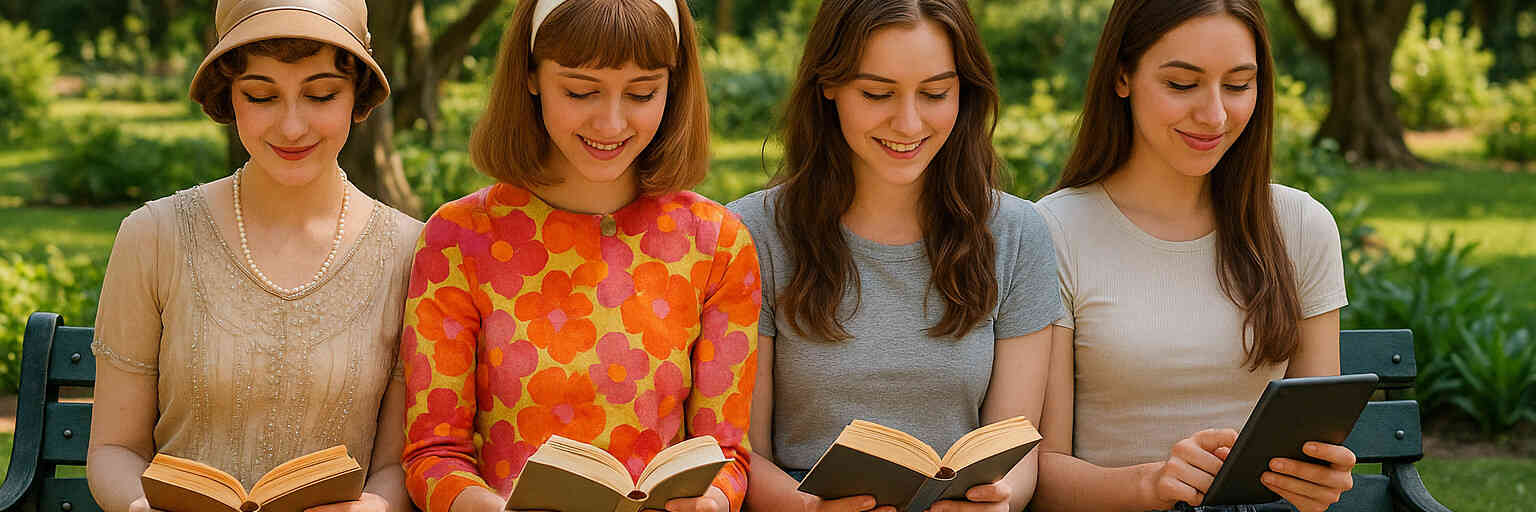 Quatro versões da mesma jovem em décadas diferentes dividem um banco na praça.