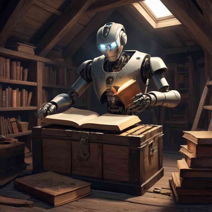 Um robô escolhendo livros antigos em um sótão.